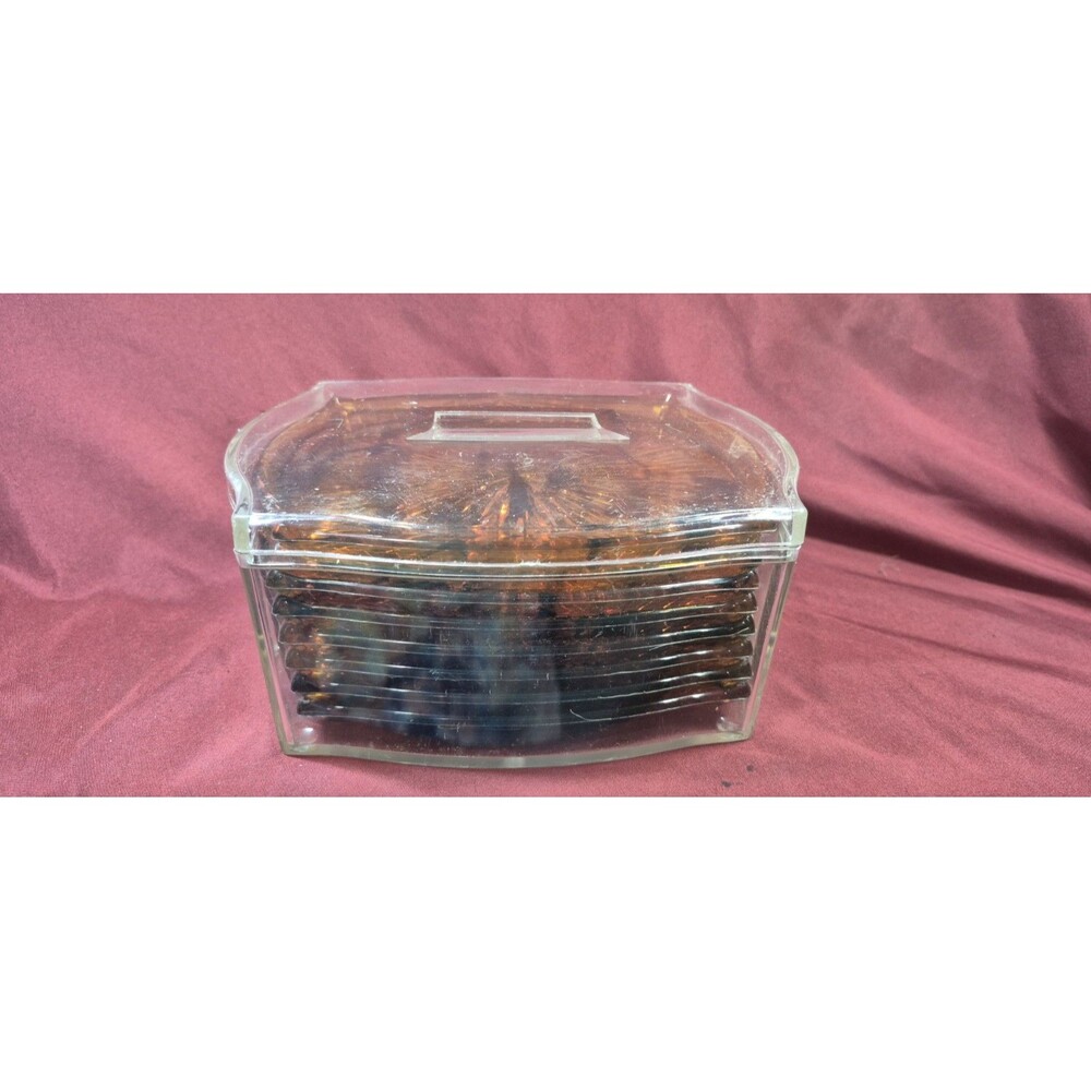 Vtg MCM Tortoiseshell Lucite Snack Trays Coasters Starburst Set of 8 Clear Box